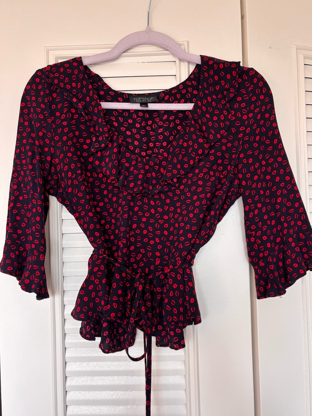 Topshop Ruffle Blouse with Red Lip Print